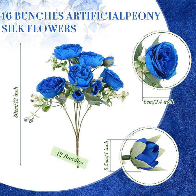 Geosar 16 Bundles Artificial Peonies Flowers Fake Silk Peony Bouquet Faux Peonies Flowers Bulk for Decoration Vase Floral Arrangements Wedding Party Table (Royal Blue)