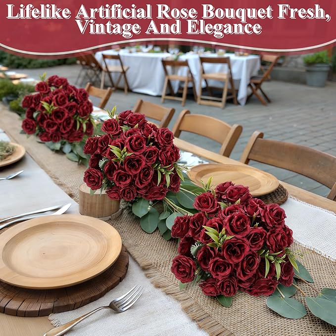 Zeyune 8 Pack 12 Inch Wedding Bouquets for Bride Bridesmaid Burgundy Artificial Rose Bouquet Fake Silk Roses Flowers Bunches Bulk for Home Office Garden Parties Decoration