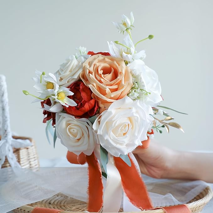 ponatia Burnt Orange Wedding Bouquets for Bride Bridesmaid, Cream Artificial Roses Flowers for Bride Bouquets Ceremony, Anniversary