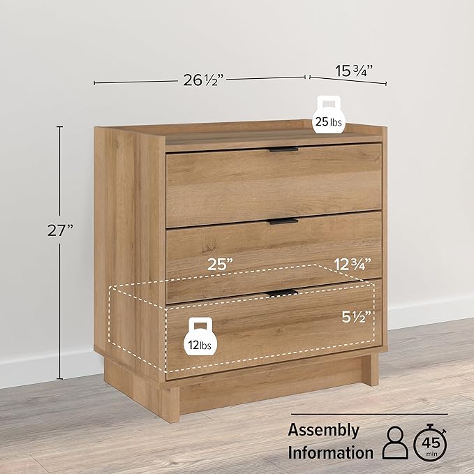 Prepac Simply Modern Nightstand Bedside Table, Natural Oak Nightstand for Bedroom, End Table with 3 Drawers 26.5" W x 26.75" H x 16" D