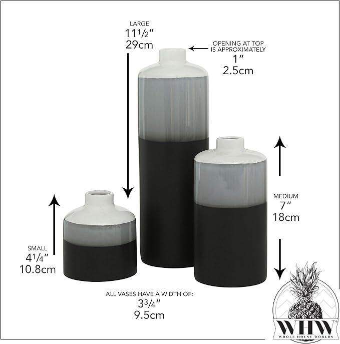 Iconic Dipped Scandinavian Style Bud Vases, Set of 3, Glazed Porcelain, Tonal Shades, Pale Grey, Grey, and Black, Round, 11.5, 7, 4.25 Inches