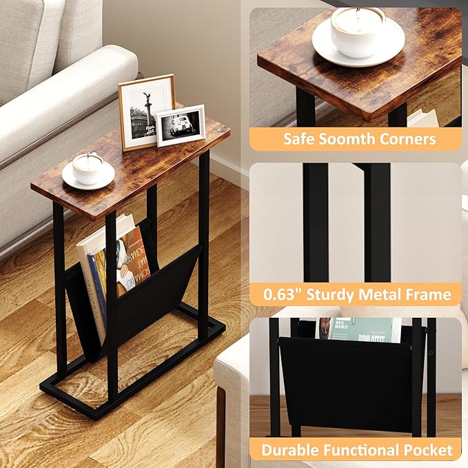 Yusong Narrow Side Table for Small Spaces, Small End Table Set of 2 with Magazine Holder, Skinny Slim Little Thin Table for Living Room, Bedroom, Sofa, Rustic Brown