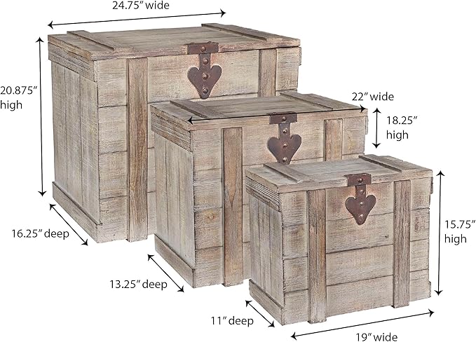 Household Essentials Antiqued Decorative Trunk, 3 Piece Set, Small, Medium and Large, Chinese Fir Panel and MDF, Smooth Backing and Metal Hinge Accent, Flat Top and Stay-Open Lid