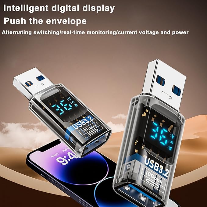 2Pack USB to USB3.2 Adapter with LED Digital Display,10Gbps USB3.2 Converter Type A Male/Female Expander for Laptops,Keyboards,Flash Drives