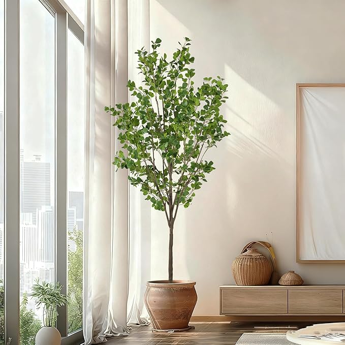 Faux Ficus Tree 7.5ft(90in) Artificial Floor Plant for Indoor Decor Realistic Potted Tree with Texture Silk Leaves and Natural Wood Trunk for Home Living Room,Office Perfect Housewarming Gift