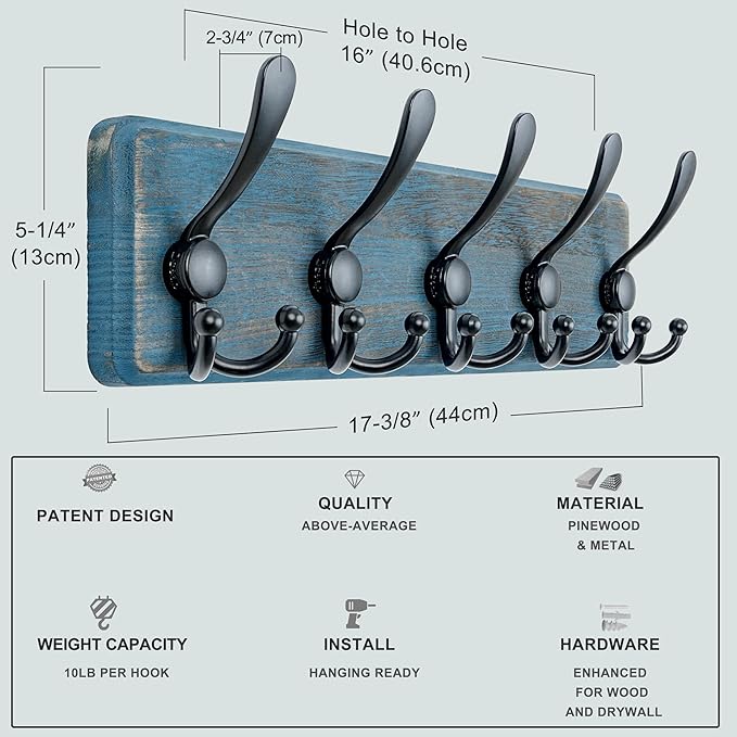 Dseap Coat Rack Wall Mount - Heavy-Duty Robust Barnwood-Style Wooden Wall Coat Hanger Hook Rail with 5 Triple Hooks for Winter Coats Hat Jacket Clothing, Weathered Blue & Black, Pack of 2