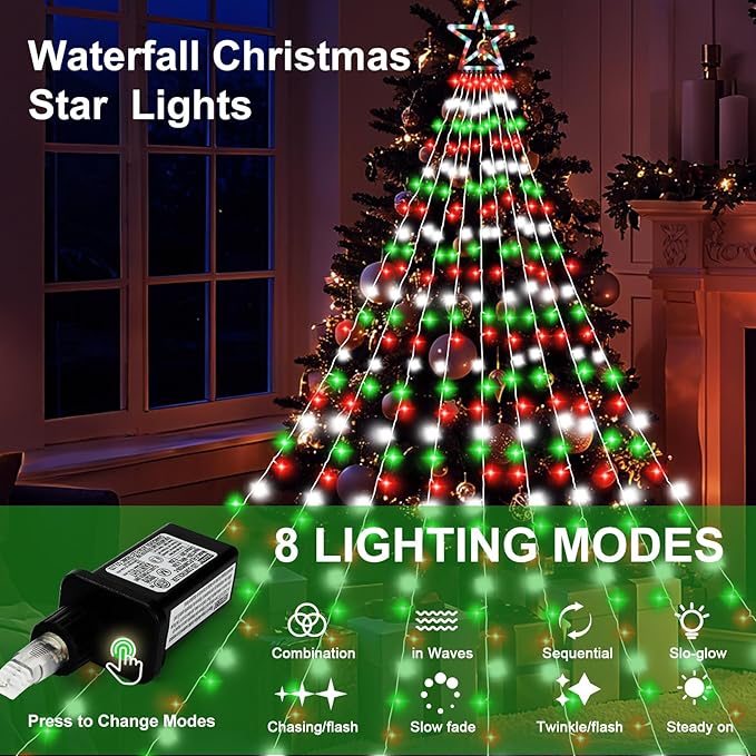 FUNIAO Outdoor Christmas Decorations Star Lights, 320 LED Hanging Twinkle Fairy String Lights Outside Tree Decoration Lights for Christmas, Yard, Garden, New Year (Plastic Star-Red White Green)