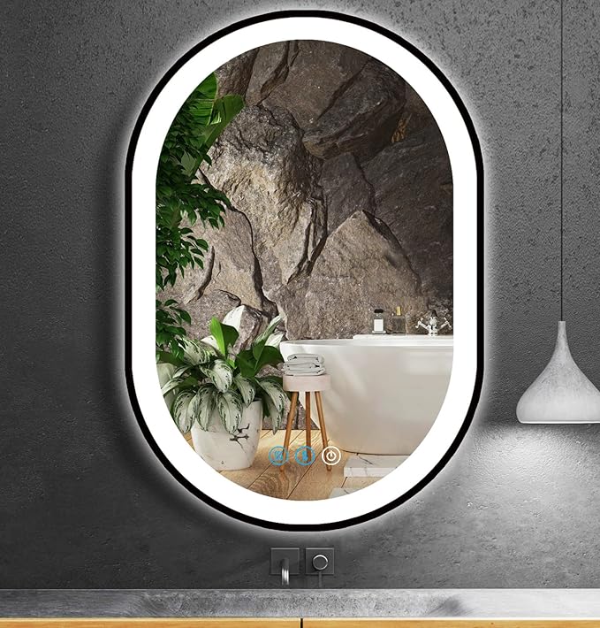 32 x 20 Inch Black Oval LED Mirror for Bathroom Salon Wall Horizontal/Vertical Mounted 32 Inch Black Frame Oval Lighted Mirror with Lights Smart Memory 3 Color Dimmable Front Lights Antifog