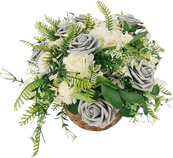Grey Roses Artificial Flowers 25 PCS, Fake Rose Flower Heads Flowers with Stem for DIY Bouquets Wedding Decorations Centerpieces Arrangements Party Home Decor