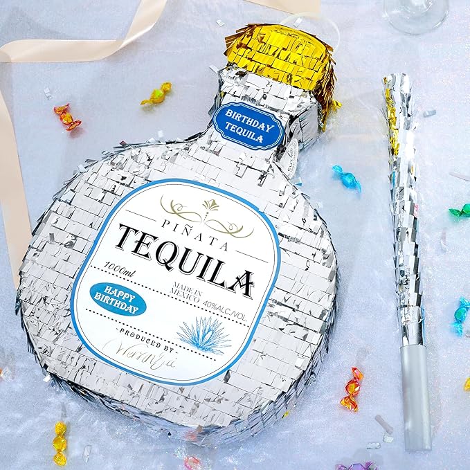 WERNNSAI Tequila Bottle Pinata - Disco Party Decorations for Adults Silver Patron Tequila Pinata with Blindfold for Bachelor Birthday Party Supplies 11.7” x 16.5”