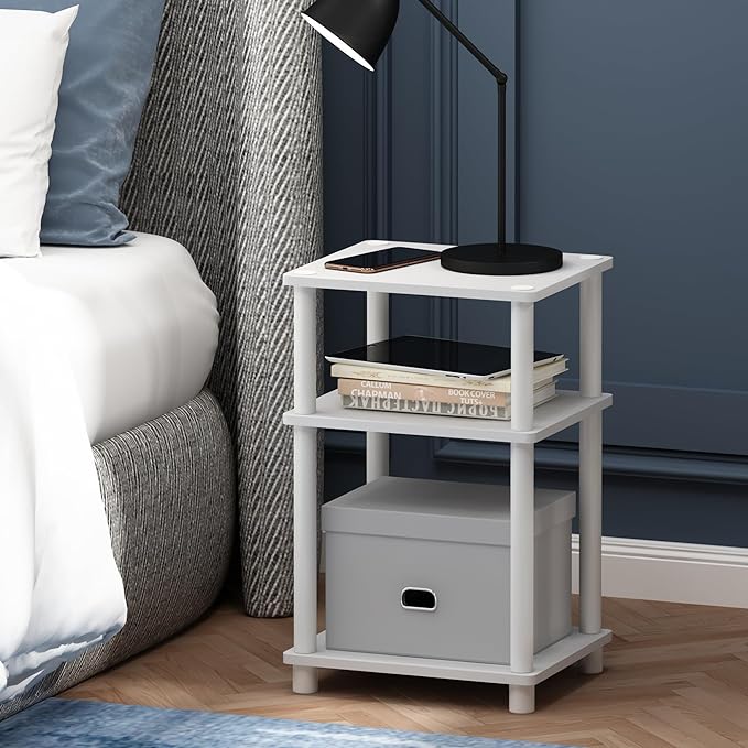 Furinno JUST Side Table, 3-Tier End Table, Open Shelves Night Stand, Bedside Table, Toolless Assembly, for Living Room, Bedroom, Bathroom, White(Espresso)