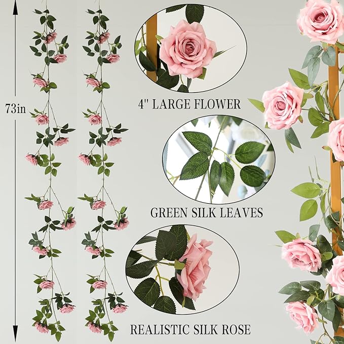 2 Strands 73'' Artificial Silk Rose Flower Vines Garland, Fake Pink Roses Floral Green Leaves Hanging Plant for Wedding Arrangement Decoration, Wall, Party, Bedroom, Home Decor (Pink)