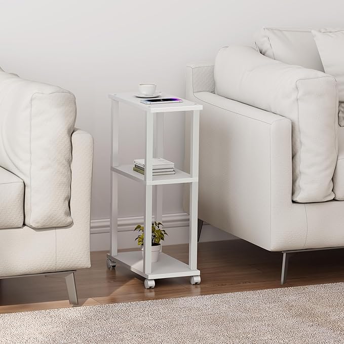 TUTOTAK Small Side Table, Narrow End Table, Bedside Table, Set of 2, Couch Side Table with Wheels for Living Room or Bedroom, White TB01BW0612