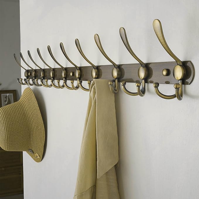 Dseap Coat Rack Wall Mount - 38” Long 10-Tri-Hooks Heavy Duty Coat Hanger Rail Wall Hooks for Hanging Coats Hats Clothing Clothes Purse Mudroom Entryway, Bronze