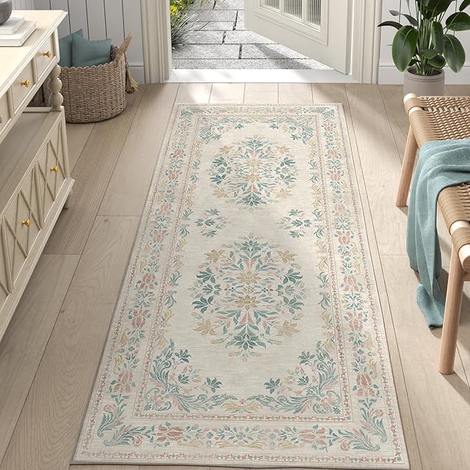 jinchan Vintage Floral Runner Rug 2x5 - Machine Washable Distressed Design Non-Slip Low-Pile Soft Thin Carpet for Hallway Kitchen Farmhouse Bedroom Entryway Laundry Room (2x5ft,Apricot Multi)