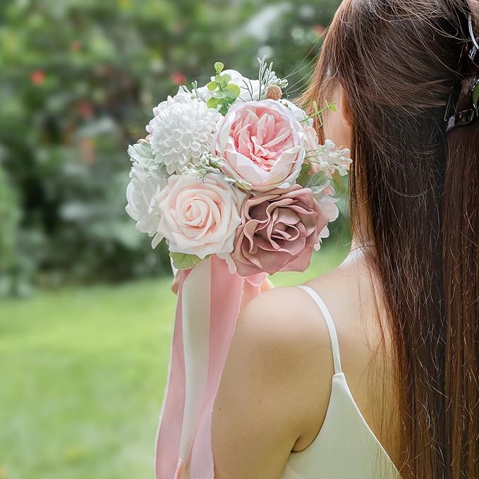 ponatia Dusty RoseWedding Bouquets for Bride Bridesmaid, Blush Pink Wedding Artificial Roses Flowers for Wedding Bouquets Ceremony, Anniversary (Dusty Rose & Blush)
