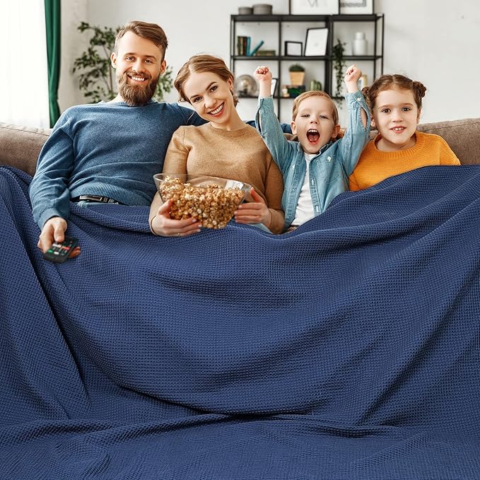 PHF 100% Cotton Waffle Weave Family Blanket,Oversized King Size 120"x 120"-Pre-Washed Snag Proof Lightweight Breathable, 10'x 10' Huge Extra Large Big,Home Decoration Gift-Navy Blue/Bright Blue