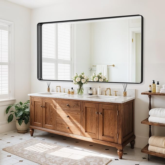Suidia Bathroom Mirror, 60" x 30" Wall Mirror Metal Framed, Bathroom Vanity Mirror for Living Room Bedroom Bathroom Entryway, Black, Rounded Corner Style