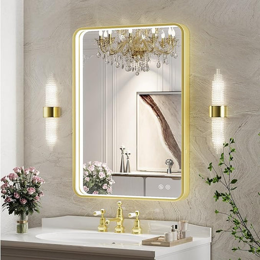 20X28 Inch Framed LED Lighted Bathroom Mirror,Wall Mounted Gold Metal Vanity Mirrors with Lights,Dimmable Illuminated Anti-Fog Mirror(Horizontal/Vertical)