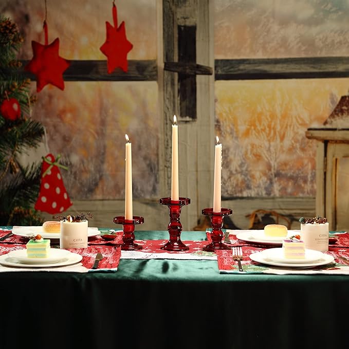 GMWD 3 Pcs Red Glass Candle Holder Set Clear, Christmas Candlesticks Holders Pillar Taper Candles Tealight Stand for Wedding Centerpieces Home Decorations Dining Table