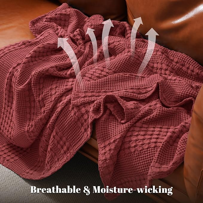 PHF 100% Cotton Waffle Weave Blanket King Size for Bed, Soft Lightweight & Breathable, All-Season Comfort, Luxury Aesthetic Woven Bedding for Home Decor, 108"x90", Wine Red