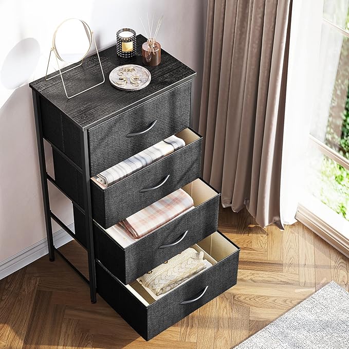 ODK Dresser for Bedroom with 4 Storage Drawers, Small Dresser Chest of Fabric Drawers with Sturdy Steel Frame, Wood Top, Black