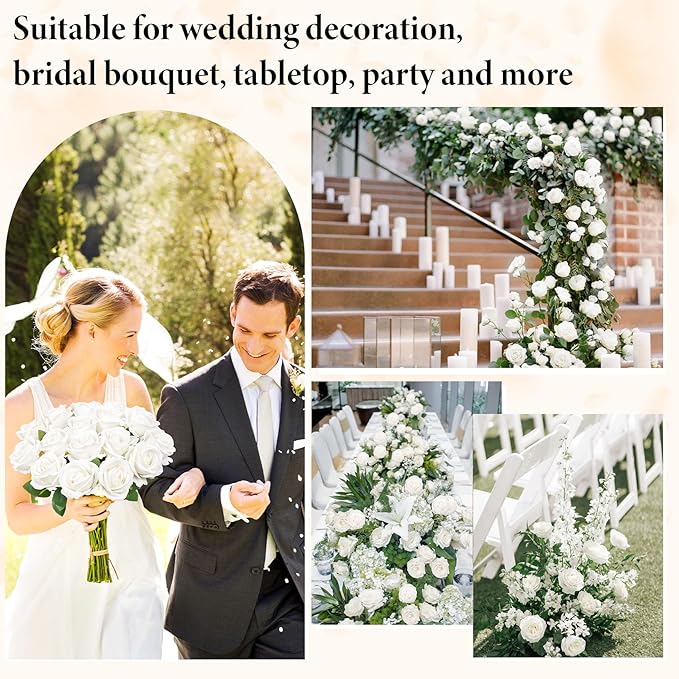 Ouddy Decor 50 Pcs Artificial White Roses Bulk Realistic Silk Roses with Long Stems Fake Roses Flowers for Wedding Bridal Bouquet DIY Table Centerpieces Arrangement Valentines Day Home Decor, White