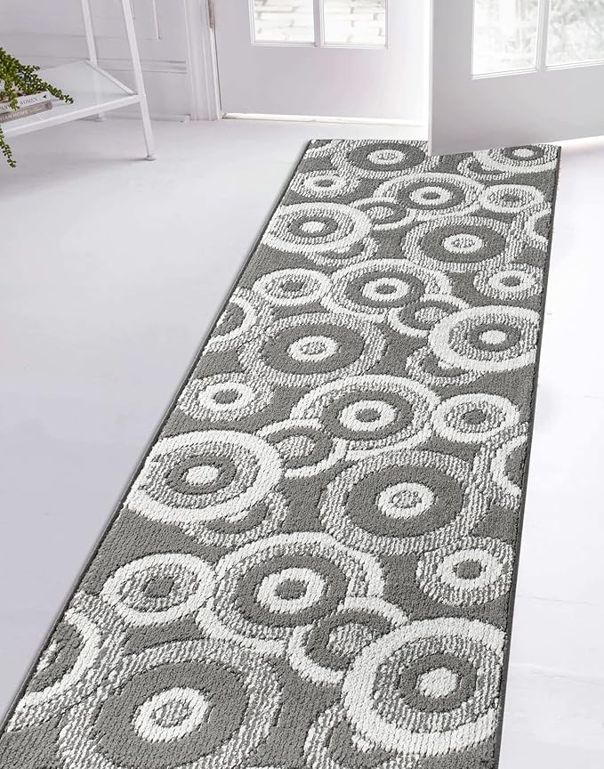 Custom Length Cut to Size Retro Modern Geometric Carpet Runner Rug for Hallways, Non Slip Rubber Backed, 31 inch Wide X Customized Length, Geo Grey, 31 inch X 24 feet