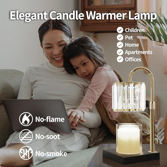 Candle Warmer Lamp, Wax Warmer Candle Lamp Timer & Dimmer 7-Levels, Compatible Most Jar Candles, Top Melting, Cystal Candle Heater Lamp for Scented Wax, Elegant Home Decoration, Black