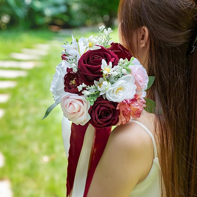 ponatia Burgundy Wedding Bouquets for Bride Bridesmaid, Blush Artificial Prom Flowers Bouquet for Weddings, Ceremony, Anniversary (Burgundy & Blush)