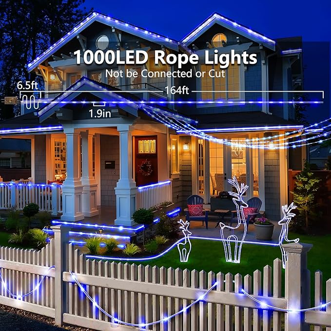 KNONEW 164FT 1000LED Rope Lights for Outside,Outdoor String Lights Waterproof 8 Modes Clear Tube Light for Indoor,Bedroom,Wedding,Garden,Patio,Christmas,Tree,Rv,Holiday Decoration(Blue)