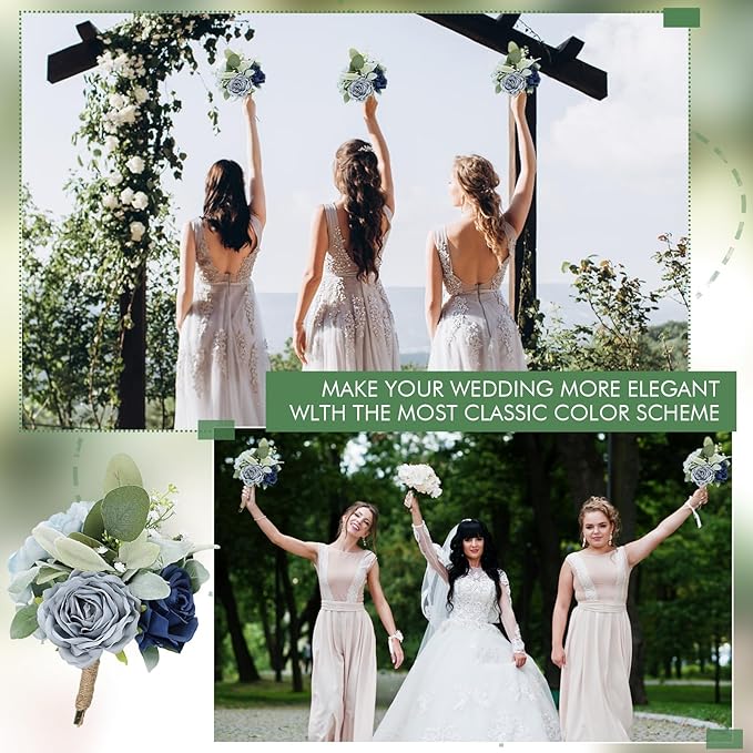 Wedding Artificial Bridesmaid Bouquet - 7 Inch Pre-Made Silk Bridesmaids Flowers Bouquet Small Bridal Bouquet for Bridesmaid for Rustic Vintage Wedding Ceremony Anniversary -Navy Blue