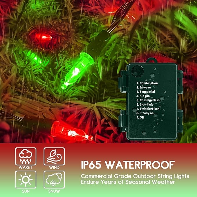 KOUQIYA Battery Operated Christmas Lights 2 Pack, 17ft 50 LED Mini String Light with Auto-Timer 8 Modes Waterproof Tree Lights (Red&Green)