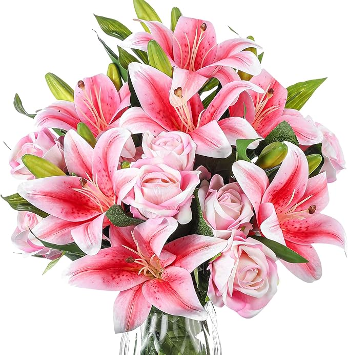 Hotop 20 Pcs Artificial Flowers Velvet Realistic Roses and Latex Lilies Flowers Bouquet Decorations Arrangements for Home Table Centerpieces Independence Day(Pink)