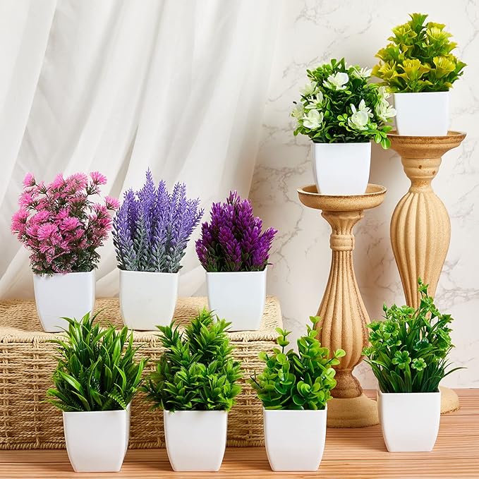 Mimorou 16 Pcs Small Fake Plants Mini Artificial Potted Plants Faux Pot Flowers Indoor Plastic Eucalyptus Greenery for Home Bathroom Living Room Office Decor