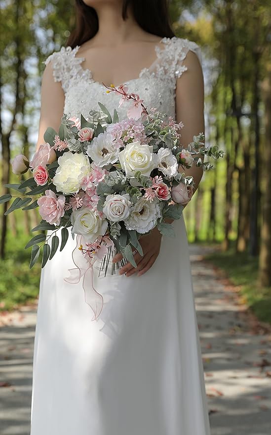Artificial Flowers Combo Silk Mix Fake Flowers Leaf for DIY Wedding Bouquets Floral Centerpieces for Tables Party Baby Shower Home Decorations(Pink White)