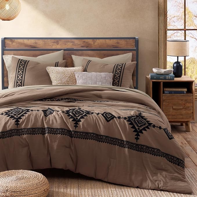 MaiRêve Embroidery Full Size Comforter Set Brown, Farmhouse Western Boho Bedding Set 7 Pieces, All Season Bed in A Bag Comforter Set with Sheets, Pillowcases & Shams