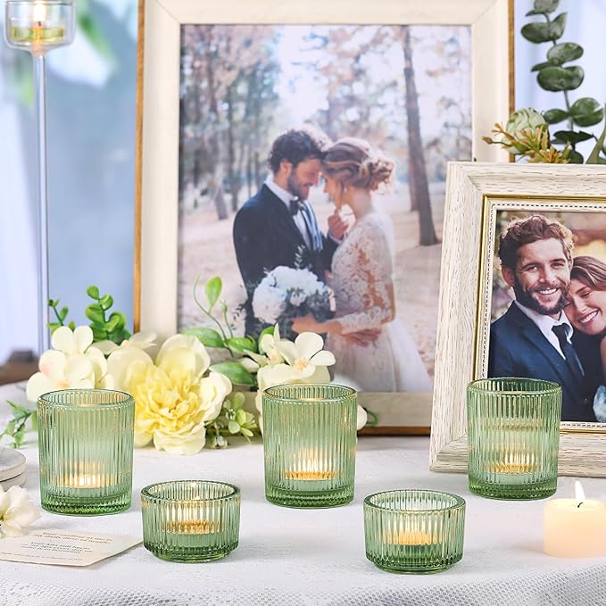 10pcs Ribbed Green Votive Candle Holders for Wedding Table Decor, Assorted Tea Light Candle Holder Glass, Green Candle Holders for Table Centerpieces, Brithday and Tea Party Decorations