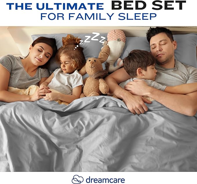 DREAMCARE Queen Sheet Set – 4 pcs Cooling Sheets – up to 21” Extra Deep Pocket Queen Sheets – Hotel Luxury Sheets & Pillowcases – Superior Softness 100% Fine Microfiber with Side Pocket – Light Gray