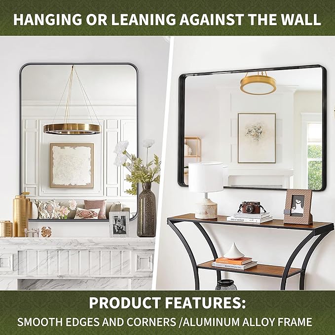Suidia Bathroom Mirror, 30" x 22" Wall Mirror Metal Framed, Bathroom Vanity Mirror for Living Room Bedroom Bathroom Entryway, Black, Rounded Corner Style