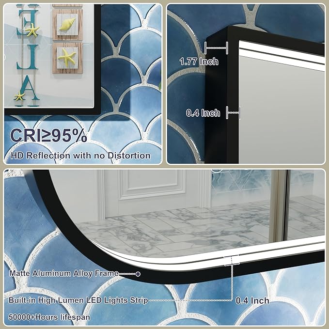 22x36 Inch LED Bathroom Mirror, Adjustable 3000K/4500K/6000K, Irregular Black Frame Lighted Bathroom Vanity Mirror with Lights, Stepless Dimmable, Anti-Fog, Wall Mounted