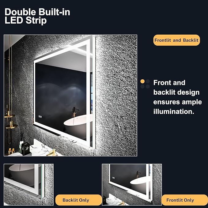 LED Bathroom Mirror 60"x 40",Front Lit and Backlit Bathroom Mirror with Lights,Stepless Dimmable,Anti-Fog, Shatter-Proof, Memory, 3 Colors Lighted Vanity Mirror (Horizontal/Vertical)