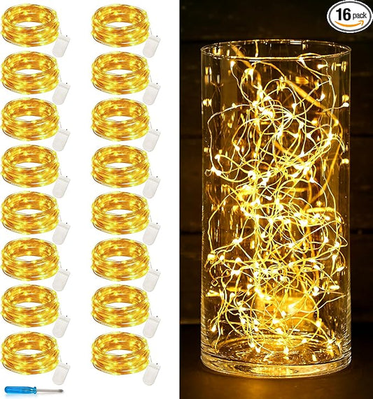 16 Pack 10 ft 30 LED Fairy Lights Battery Operated Waterproof Silver Wire Mini String Lights Firefly Starry Moon Lights for DIY Crafts Wedding Party Bedroom Table Centerpieces Christmas(Warm White)
