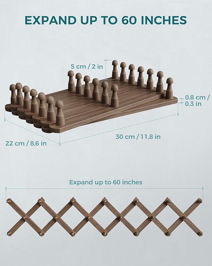 OROPY Wood Accordion Wall Hanger, Expandable Coat Rack Wall Mount with 20 Pegs, Expanding Hat Rack for Wall Walnut Color