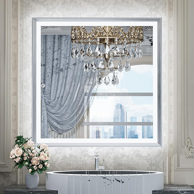 TETOTE 36x36 LED Bathroom Mirror with Lights Silver Metal Framed Brushed Nickel Front & Back Light Vanity Mirror Baroque Antifog Stepless Dimmable White/Warm/Natural,Wall Mounted(Horizontal/Vertical)