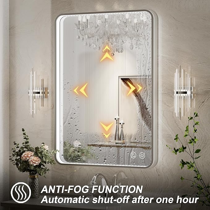 28x36 Inch LED Mirror for Bathroom,Brushed Sliver Metal Frame Lighted Vanity Mirror, Anti Fog Stepless Dimmable,Wall Mounted(Horizontal/Vertical)