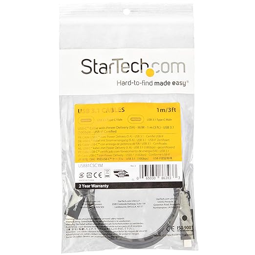 1m 3 ft USB C Cable with Power Delivery [5A] - M/M - USB 3.1 [10Gbps] - USB-IF Certified - USB 3.1 Type C Cable - USB 3.1 Gen 2