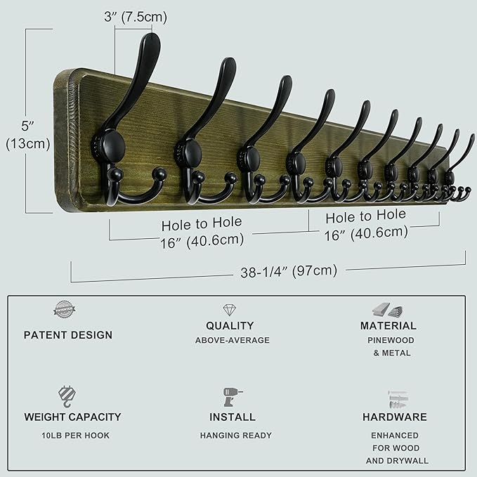 Dseap Coat Rack Wall - Heavy-Duty 38-1/4" Long, with Reinforced 10 Custom Tri-Hooks, Solid Wood Wall Hanger for Coats Hat Jackets - Rustic Farmhouse Entryway Storage,Weathered Green & Black,Pack of 2