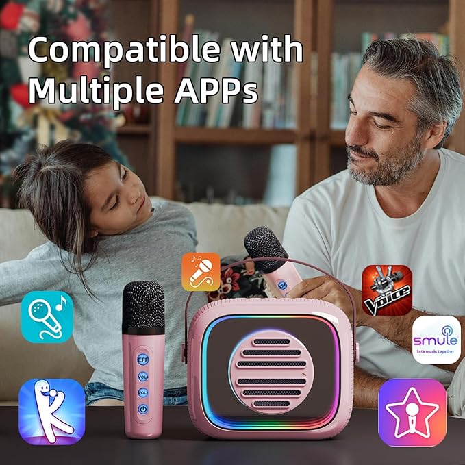 YF93 Kids Karaoke Machine with 7 Voice Effects, Bluetooth & Colorful LED Lights – Portable Singing Toy with Pro, Monster, KTV Modes for Home Parties（Pink）