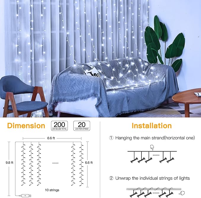 Ollny Curtain Lights 6.6x6.6ft, 200 LED White Christmas Lights with Remote 8 Modes Dimmable Timer, USB Power String Light for Bedroom Backdrop Indoor Window Wedding Decorations